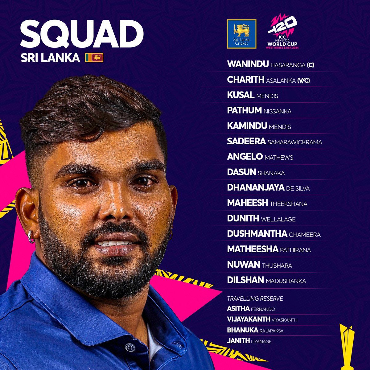 Here's your Sri Lankan squad ready to roar at the ICC #T20WorldCup 2024 in the USA and Caribbean! 🇱🇰

READ: srilankacricket.lk/2024/05/296995/ #LankanLions
