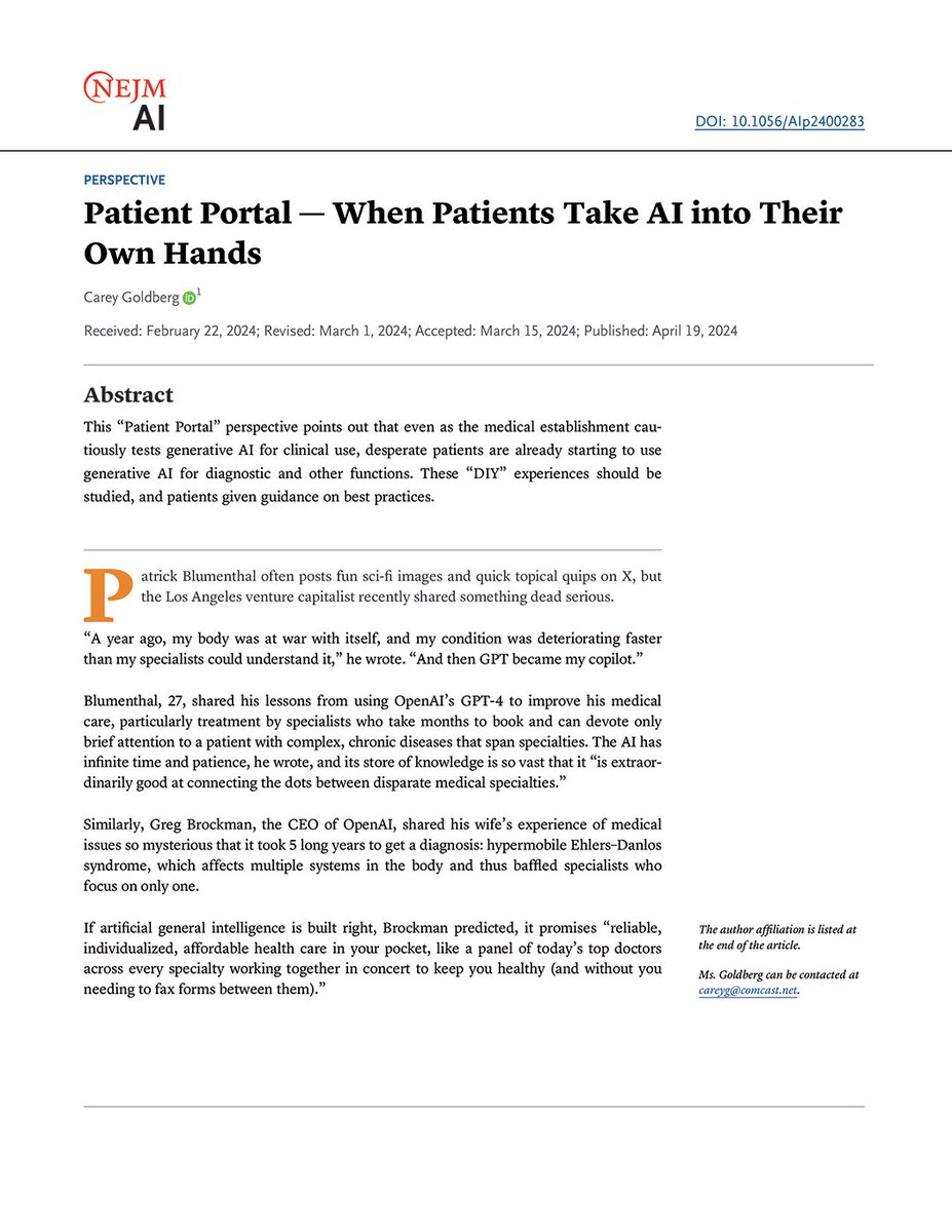 Perspective: “Patient Portal — When Patients Take AI into Their Own Hands” by @goldbergcarey: nejm.ai/3xKovuO #AIinMedicine