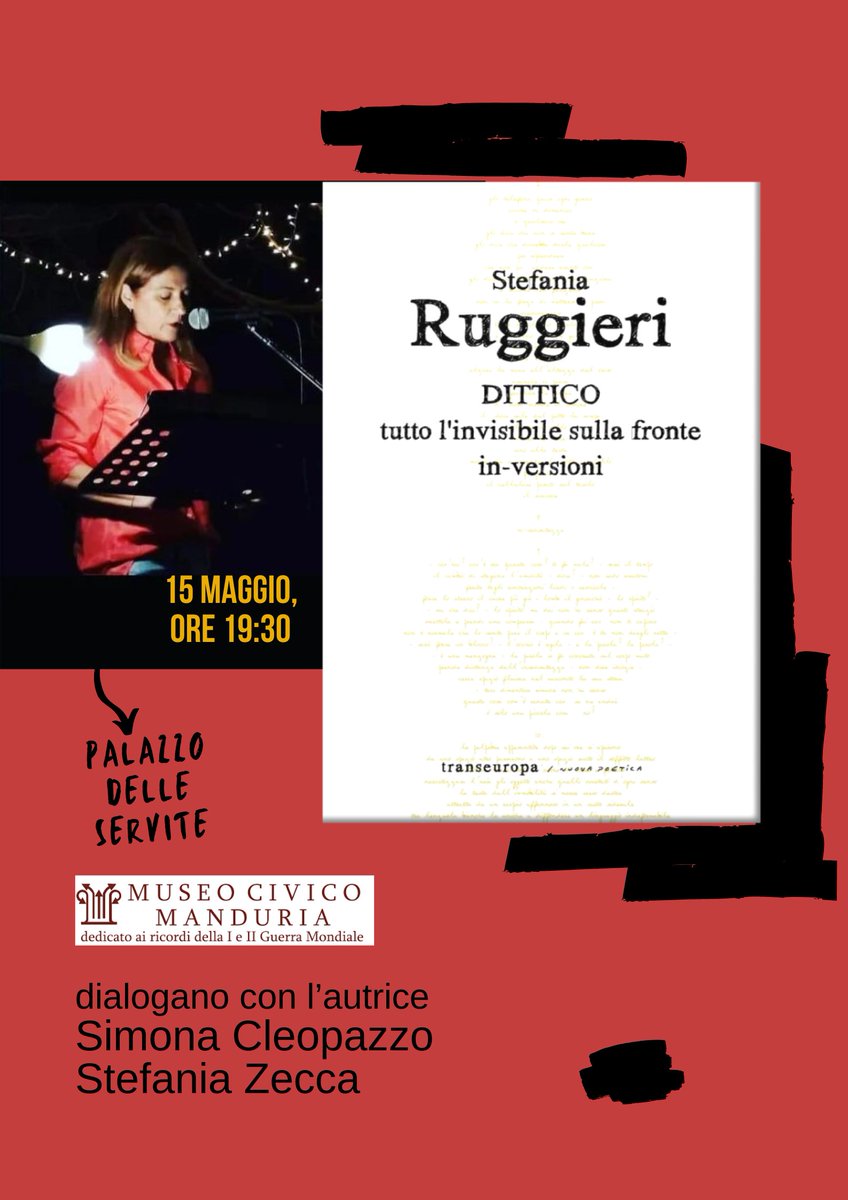 Il 15 maggio Stefania Ruggieri presenterà DITTICO a Manduria (TA), presso il Museo Civico - Palazzo delle servite. Link diretto al volume: transeuropaedizioni.it/shop/poesia/di…