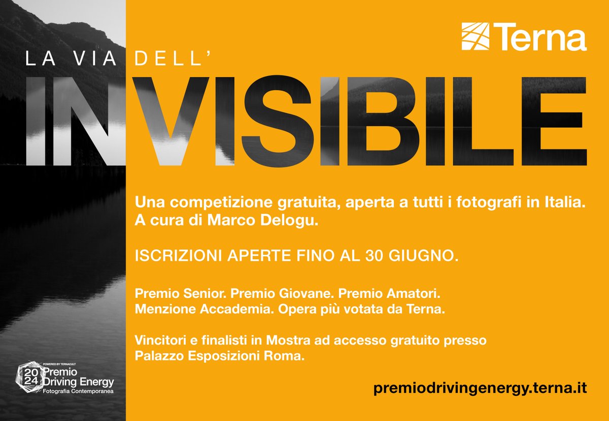 Torna il #PremioDrivingEnergy, il concorso di @ternaspa rivolto ai fotografi di tutta Italia! Il tema della nuova edizione è “La via dell’invisibile” come l’energia che #Terna trasmette ogni giorno al Paese. Mettiti alla prova #PremioDrivingEnergy2024 👉 premiodrivingenergy.terna.it