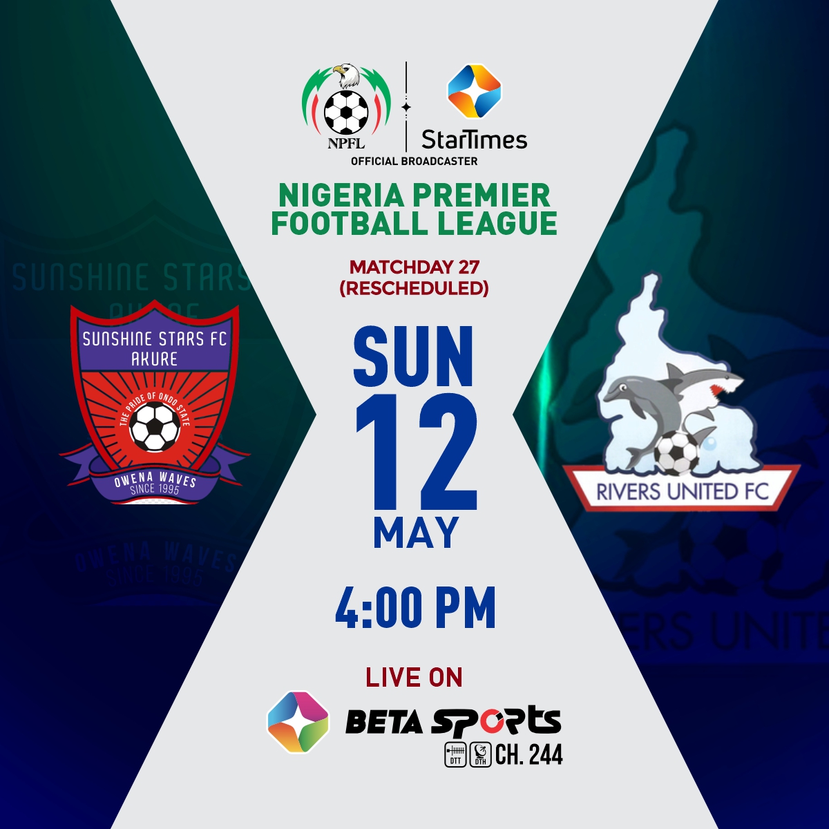 We have great news!

The remaining rescheduled games for Rivers United will be live on StarTimes!

You do NOT want to miss the action in the Nigeria Premier Football League NPFL showing on Beta Sports Channel 244.

#NPFL #NPFL24 #betasports #StarTimesSports