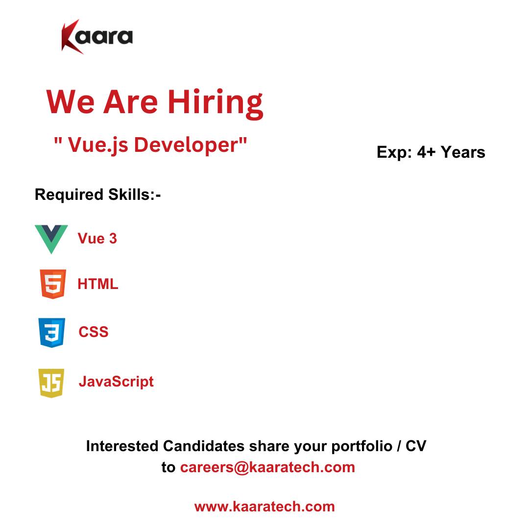 #kaara We are Hiring for the position of ' Vue.js Developer '

Exp:- 4+ Years
Location:- Remote (WFH)
Notice:- Immediate

Interested Candidates Share your portfolio / CV to careers@kaaratech.com

Reach us: kaaratech.com

#kaaratech #technicaljobs #wearehiring #microsoft