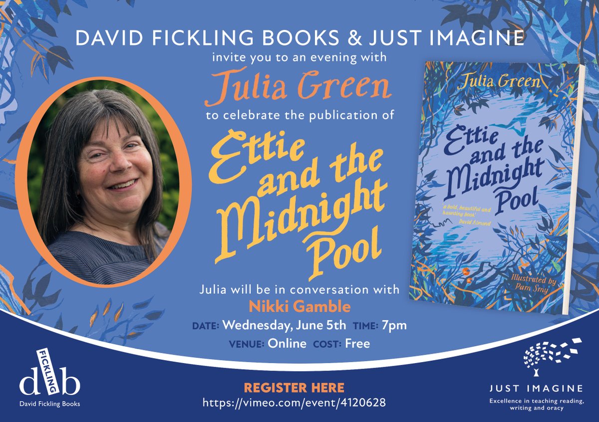 🎉You're invited to the launch of 🌊Ettie and the Midnight Pool🌊 - Julia Green's enchanting , beautiful, haunting new story, illustrated by Pam Smy! 🗓Julia will be in conversation with @nikkigamble from @imaginecentre on 5th June, 7pm. Register here: vimeo.com/event/4120628✨