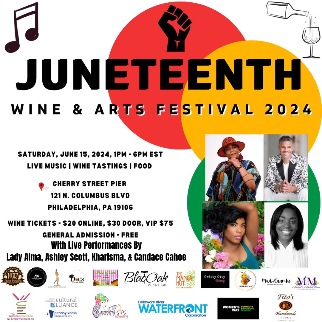 🎉 Join us at the Juneteenth Wine & Arts Festival 2024 on Saturday, June 15, 2024, at Cherry Street Pier in Philadelphia! Enjoy live performances by Lady Alma, Ashley Scott, Kharisma, and Candace Cahoe. Hosted by Shekhinah BD Get your tickets now at eventbrite.com/e/juneteenth-w…