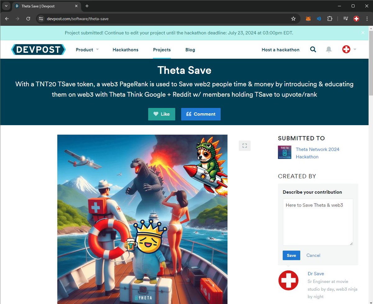 With 420 $TSave 10% The Chosen 42 Still room on the life boat for more 🛟 Will help steer the direction this ship Heads making #TNT20 🧨 waves 🌊 Across #THETA to help Save web3 ⛑️