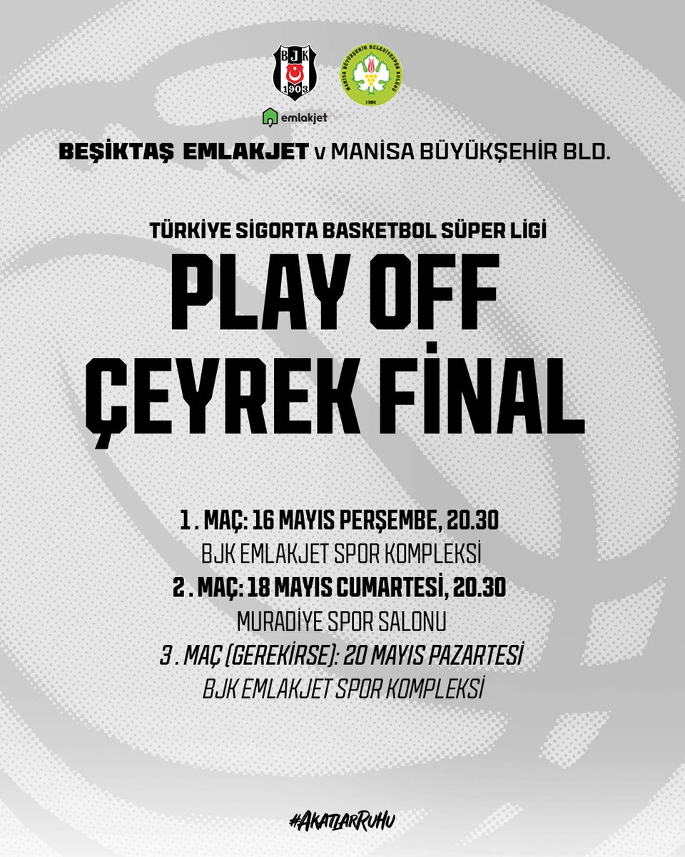 Beşiktaş Emlakjet Takımımızın Türkiye Sigorta Basketbol Süper Ligi Play-Off Çeyrek Final Programı Belli Oldu 🔗 bjk.com.tr/tr/haber/89039