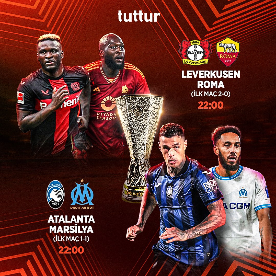 Avrupa Ligi'nde finalin adı konuyor... Leverkusen Roma'yı, Atalanta ise Marsilya'yı konuk edecek. 22:00'de başlayacak Avrupa Ligi yarı final maçlarında senin tercihlerin hangi bahisler olacak? 👉tuttur.com/bulten/futbol #UEL
