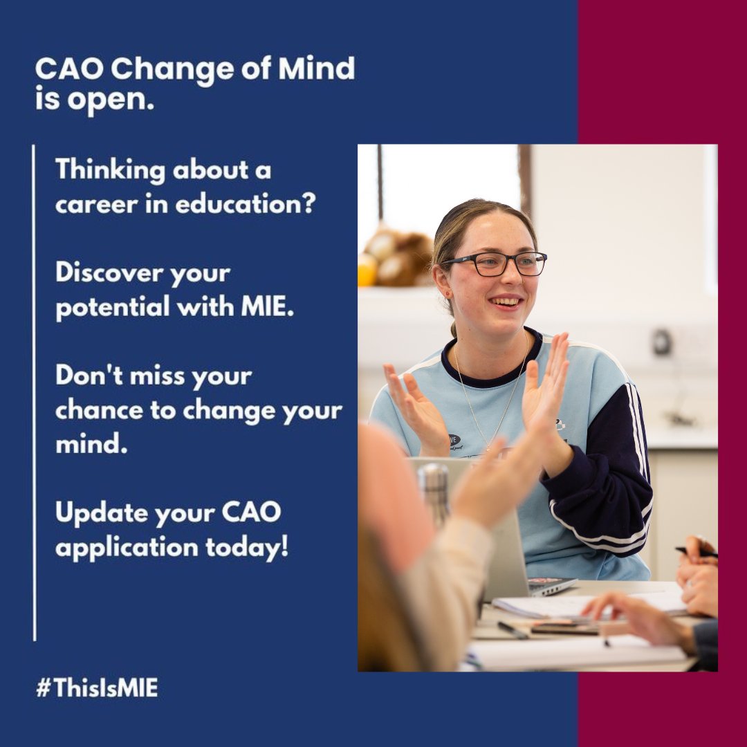 If you want to make a difference in your career, come to MIE! The CAO change-of-mind period is now open Apply for our B.Ed., BOTMG or B.Sc. programmes, all accredited by Trinity College Dublin Find out more about studying at MIE here mie.ie/en/study_with_…