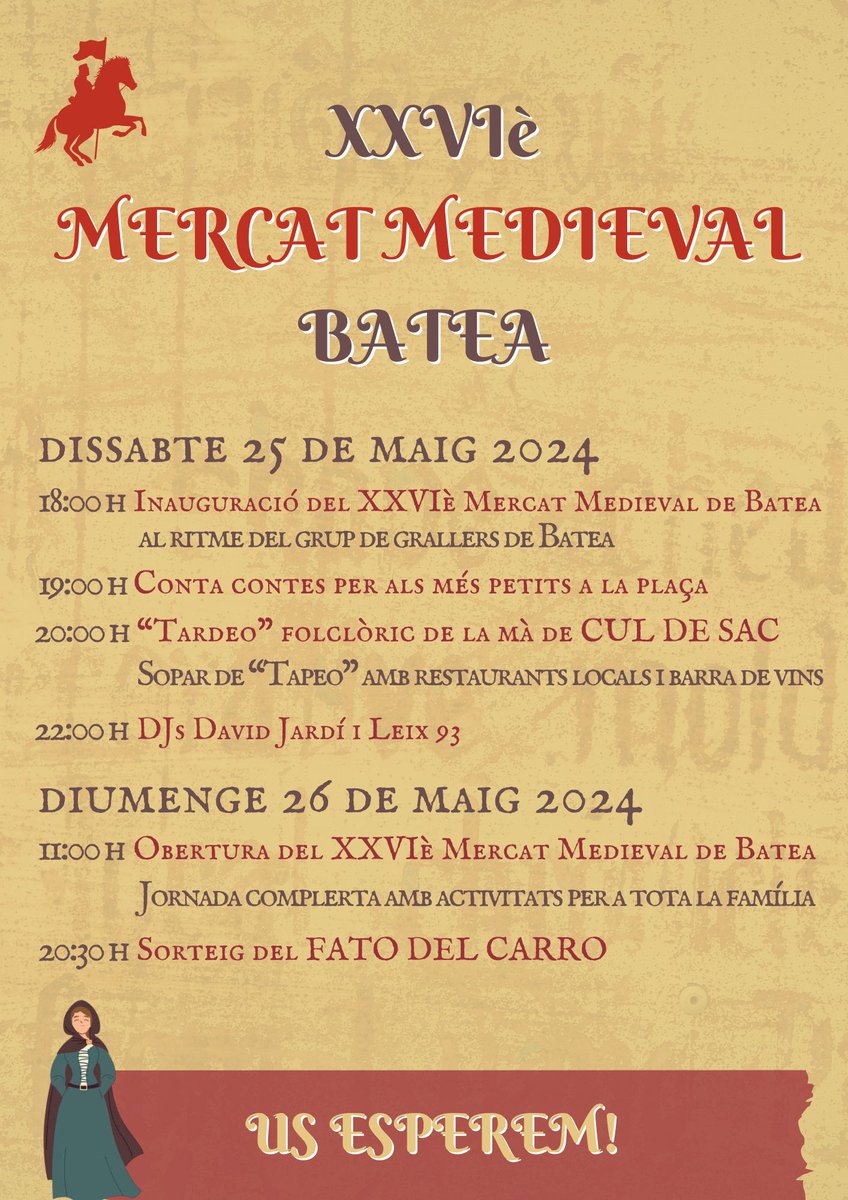 👑 Sabíeu que #Batea celebra un mercat medieval a finals de maig? És una excusa perfecta per a descobrir aquest preciós poble amb molta història, patrimoni i cultura del vi! 🍷 Més info 👉 tuit.cat/UxAnl #TerraAlta #TerresdelEbre