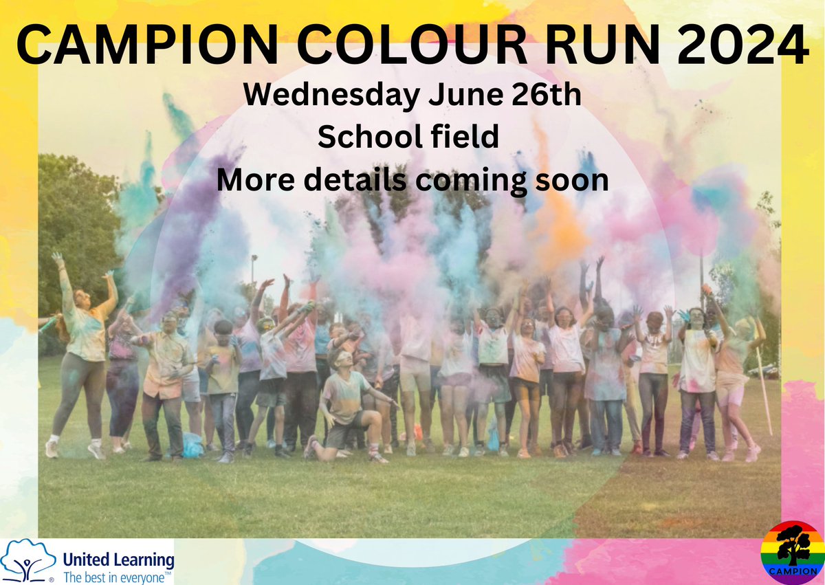 Get ready! Campion's second ever colour run is coming soon...
<a href="/Campion_School/">Campion School</a> 
#proudtobecampion
#campioncolourrun24