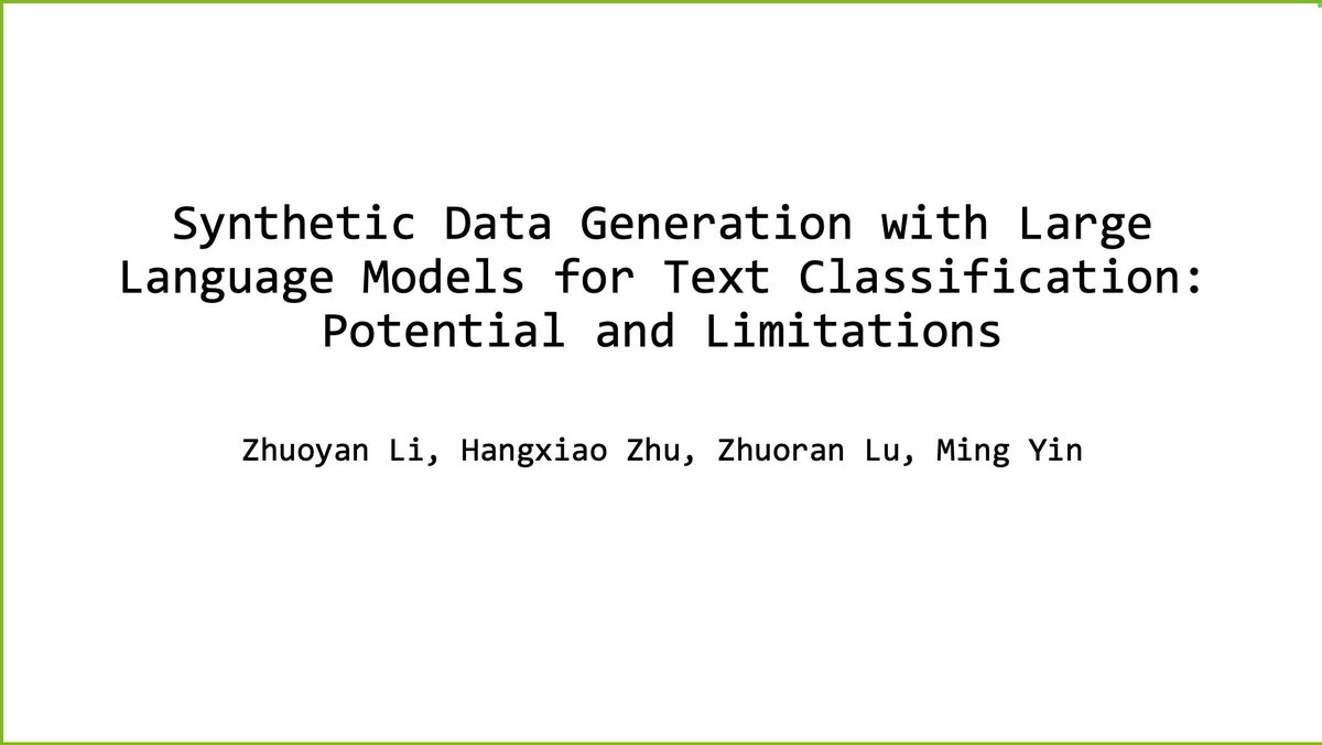 For this week's @MilaNLProc reading group, @jagoldz presented 'Synthetic Data Generation with Large Language Models for Text Classification: Potential and Limitations' by Zhuoyan Li et al. Paper: aclanthology.org/2023.emnlp-mai… #NLProc #ReadingGroup