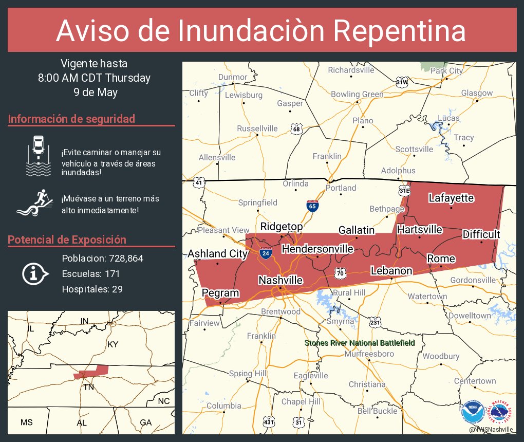 Aviso de Inundación Repentina continúa Nashville TN, Hendersonville TN, Gallatin TN hasta las 8:00 AM CDT