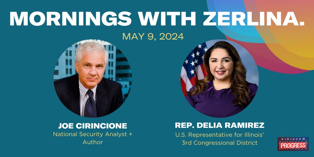 Hello Thursday! Joining @ZerlinaMaxwell on the show this morning: National Security Analyst & Author @Cirincione + U.S. Representative for Illinois' 3rd Congressional District @repdeliaramirez! 📻@SiriusXMProg Ch. 127 siriusxm.us/Zerlina