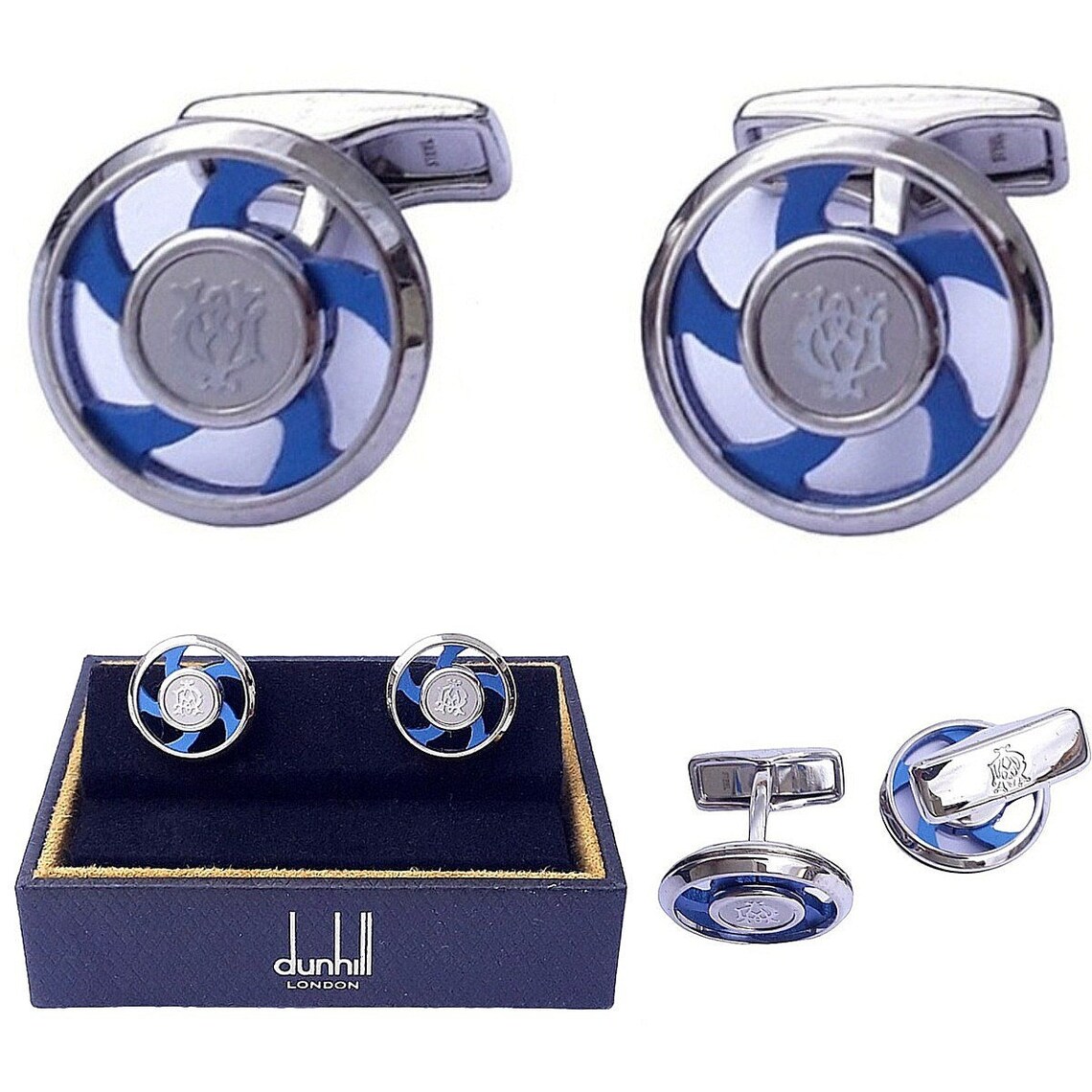 #Dunhill round spinning #Cufflinks - New 2000s -  Silver design with blue carbon fiber decor - Original Box - Cuff Links #giftsforhim #vintage #etsygifts via #etsy t.ly/lMWOr