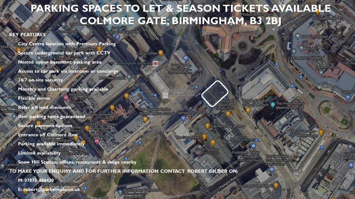 Are you looking for secure City Centre parking? Colmore Gate have a number of car park spaces available 'TO LET' Get in touch with Robert Gilder on: M: 07873 886430 robert@parksimple.co.uk #birmingham #greatwesternarcade #parking #citycentreparking