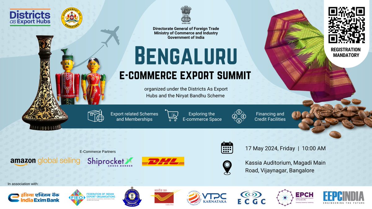 We welcome all exporters and #MSME to join us at the 'Bengaluru E-Commerce Export Summit' on 17 May 2024 Under the DEH Initiative, explore the global markets by leveraging e-commerce platforms & govt schemes Register: forms.gle/cH9CzQz58CdYW4… #trade #exports #MakeInIndia