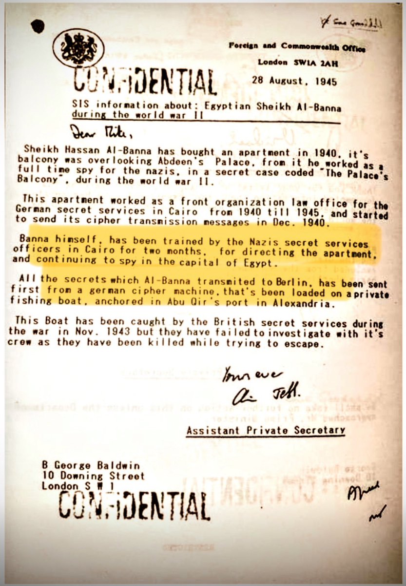 Este documento del archivo del gobierno británico revela que Hassan al-Banna, el fundador de los Hermanos Musulmanes, sirvió como espía para la Alemania nazi. 🧵Un hilo para que se encamen con amor en la acampadas ☭ y 卐