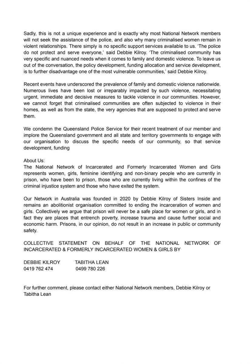 Debbie Kilroy #FreeHer (@debkilroy) on Twitter photo Please share this press release about the treatment of one of our members by the <a href="/QldPolice/">Queensland Police</a> while they were trying to leave a DV situation
Where are all the feminists now?
criminalised ppl have specific needs that can’t be met by carceral regimes
We demand a seat at the table Please share this press release about the treatment of one of our members by the <a href="/QldPolice/">Queensland Police</a> while they were trying to leave a DV situation
Where are all the feminists now?
criminalised ppl have specific needs that can’t be met by carceral regimes
We demand a seat at the table