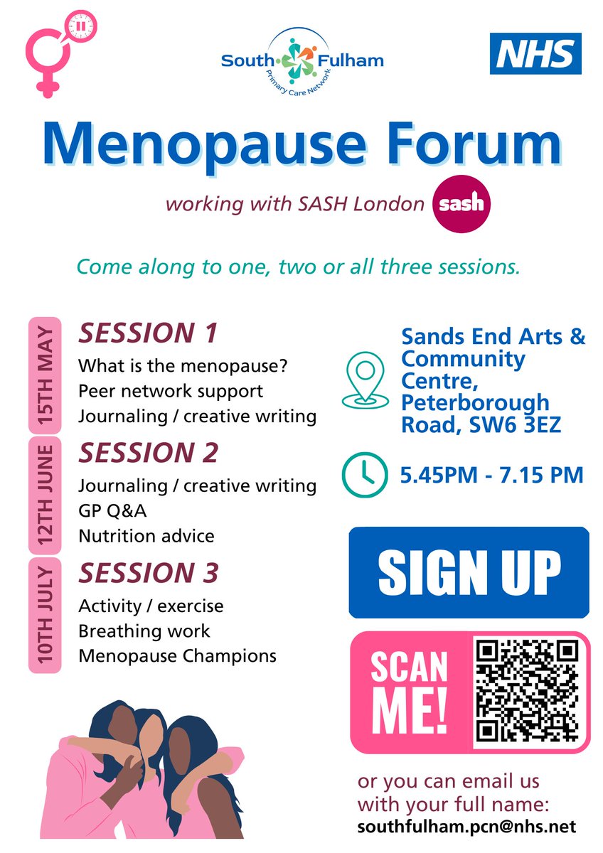 Our Menopause Forum is back! A space to share experiences, meet others & take part in activities - FREE! Scan QR code / email southfulham.pcn@nhs.net for more info! #Menopause #WomensHealth @SandsEndFulham #perimenopause 📅15/05, 12/06, 10/07 ⏰5.45-7.15pm 📍@SeaccFulham