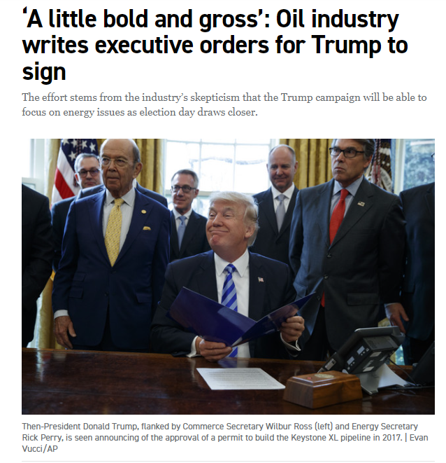 #DemVoice1 #FRESH Well this should make you WAKE UP and VOTE🗳️ RIGHT NOW, the oil industry draws up executive orders for trump to sign in case he wins a 2nd term. They do this now b/c they worry that trump is too distracted to prepare a quick reversal of the Biden…