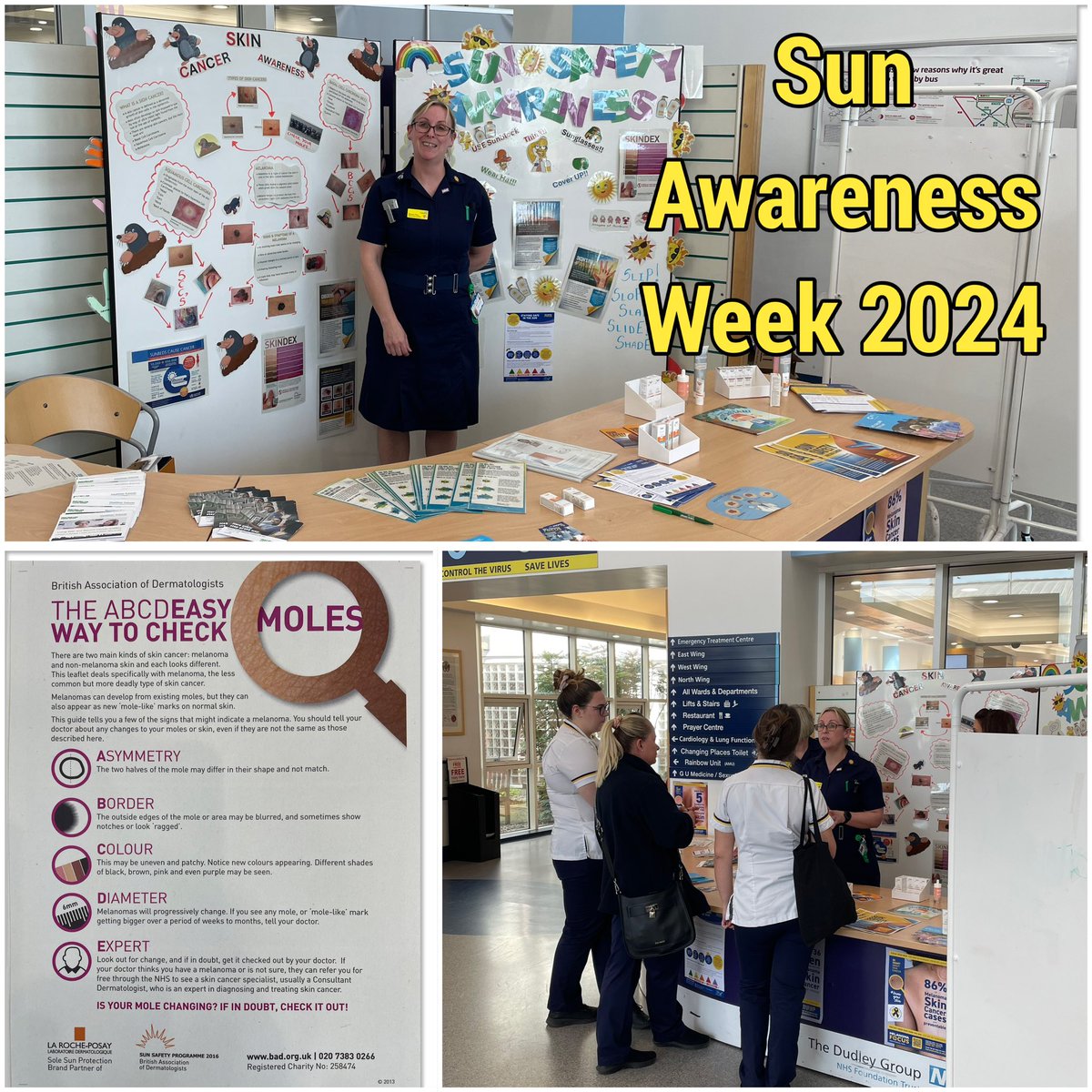 Dudley’s Skin Cancer CNS Sharron is down in the health hub today promoting Sun Awareness Week☀️ This vital campaign reinforces the need for sun protection and how to check for signs of skin cancer Samples of sunscreen available🧴 Pop down & see her 🙂 @DudleyGroupNHS