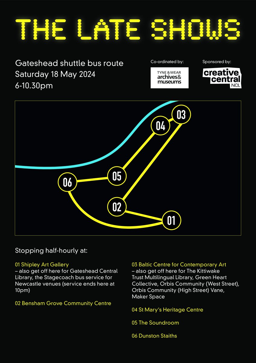 The Late Shows free bus timetables are here!  
On Friday, speedy 15-min shuttles will connect Ouseburn venues.
On Saturday, open-top buses will run every 20 mins, dropping off &amp; picking up across Newcastle &amp; Gateshead. Plus, a 30-min shuttle for easy access to Gateshead gems!✨