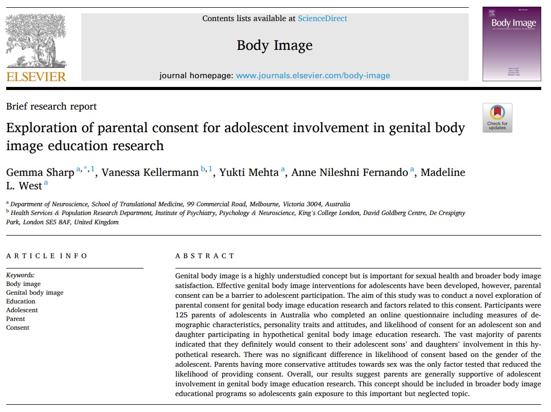 Check out our paper on factors influencing #Parent #Consent in genital #BodyImage #Research 👉sciencedirect.com/science/articl… Hoping to upskill our #YoungPeople on this important topic ♥️ @STMneurosci @MonashSTM @Monash_FMNHS @MonashUni @nileshni_f @GabbyLubi Of interest @JSchleiderPhD?