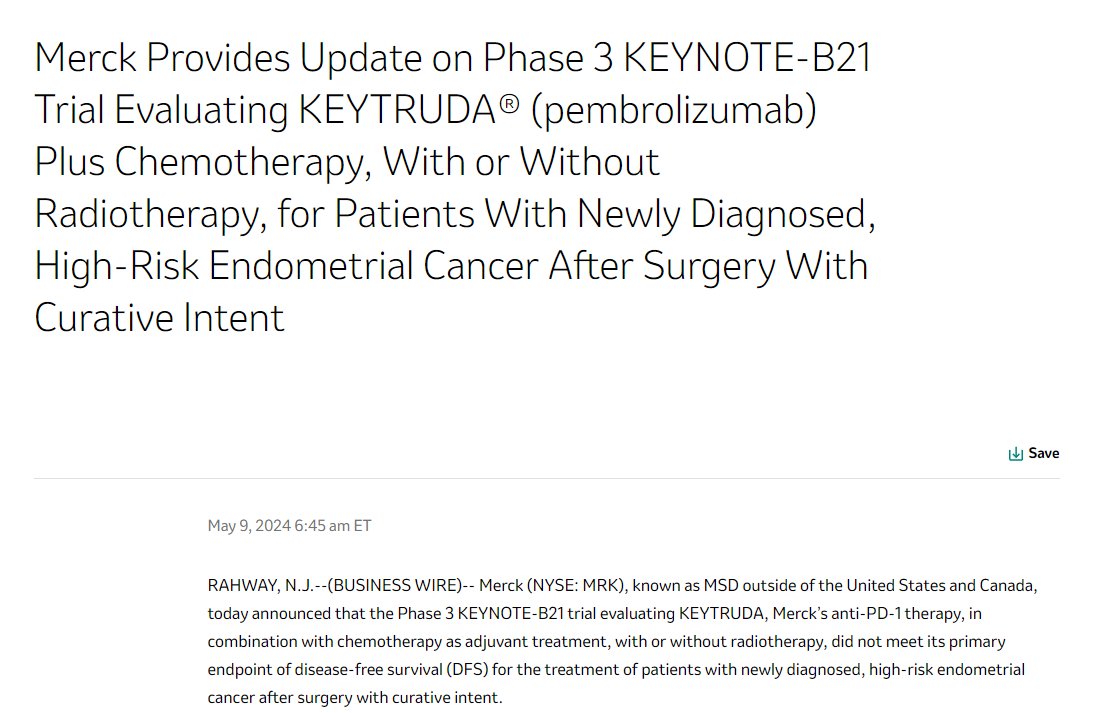 #dcvax $nwbo #gbm 

Another Merck Phase 3 failure - 
 - KEYNOTE-B21 Trial Evaluating KEYTRUDA® (pembrolizumab)

'KEYTRUDA, Merck’s anti-PD-1 therapy, in combination with chemotherapy as adjuvant treatment, with or without radiotherapy, did not meet its primary endpoint of