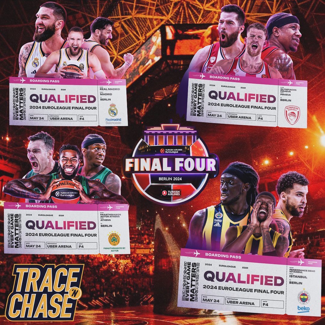 🏀The stage is SET for the 2024 @EuroLeague Final 4 in Berlin🙌🏼

💥@RMBaloncesto🇪🇸
💥@Olympiacos_BC🇬🇷
💥@paobcgr🇬🇷
💥@FBBasketbol🇹🇷

#whodoyoucollect #thehobby #tracenchase #bycollectorsforcollectors #tracenchaseskg #euroleague #euroleaguebasketball #euroleaguefinalfour #F4GLORY