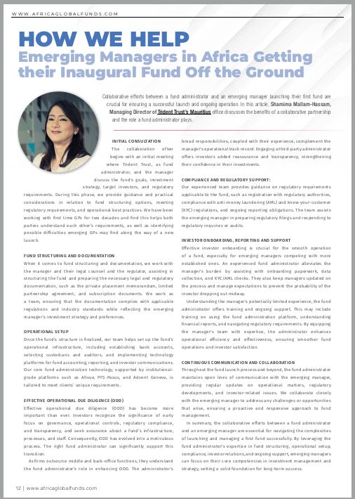 TridentTrustInt's tweet image. In her recent interview with AGF, our Mauritius MD discusses how we can help #emergingfundmanagers in Africa getting their inaugural fund off the ground, from assisting with #fundstructuring solutions &amp;amp; #operationalsetup, to providing compliance &amp;amp; #investoronboarding support.
