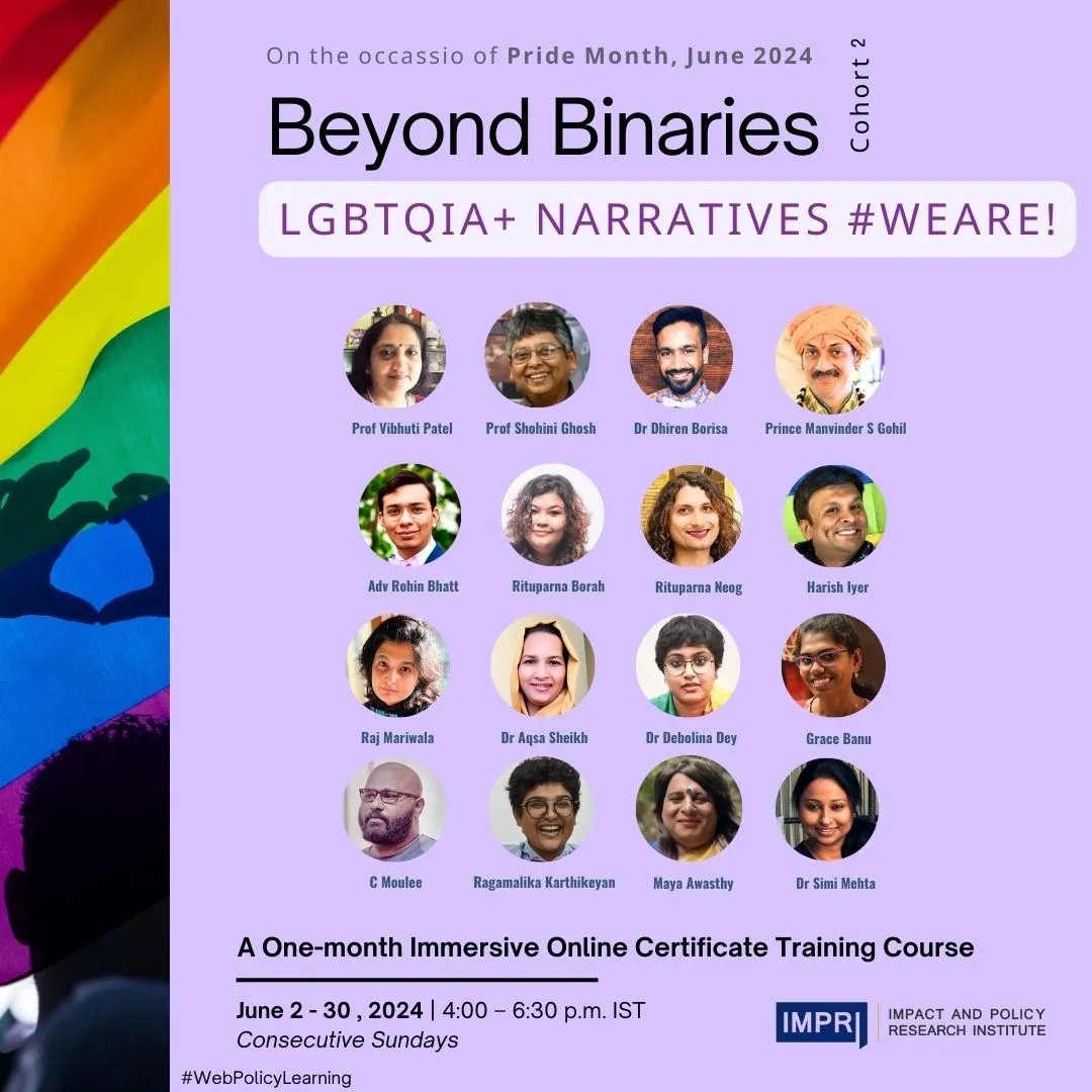 So excited to be speaking at the IMPRI Certificate Course along with some fantastic people! @rgmlk @doctorsaheba @hiyer @thirunangai  et al!

Have a very interesting session planned, which is titled 'Can Queer liberation be achieved solely through the law?'