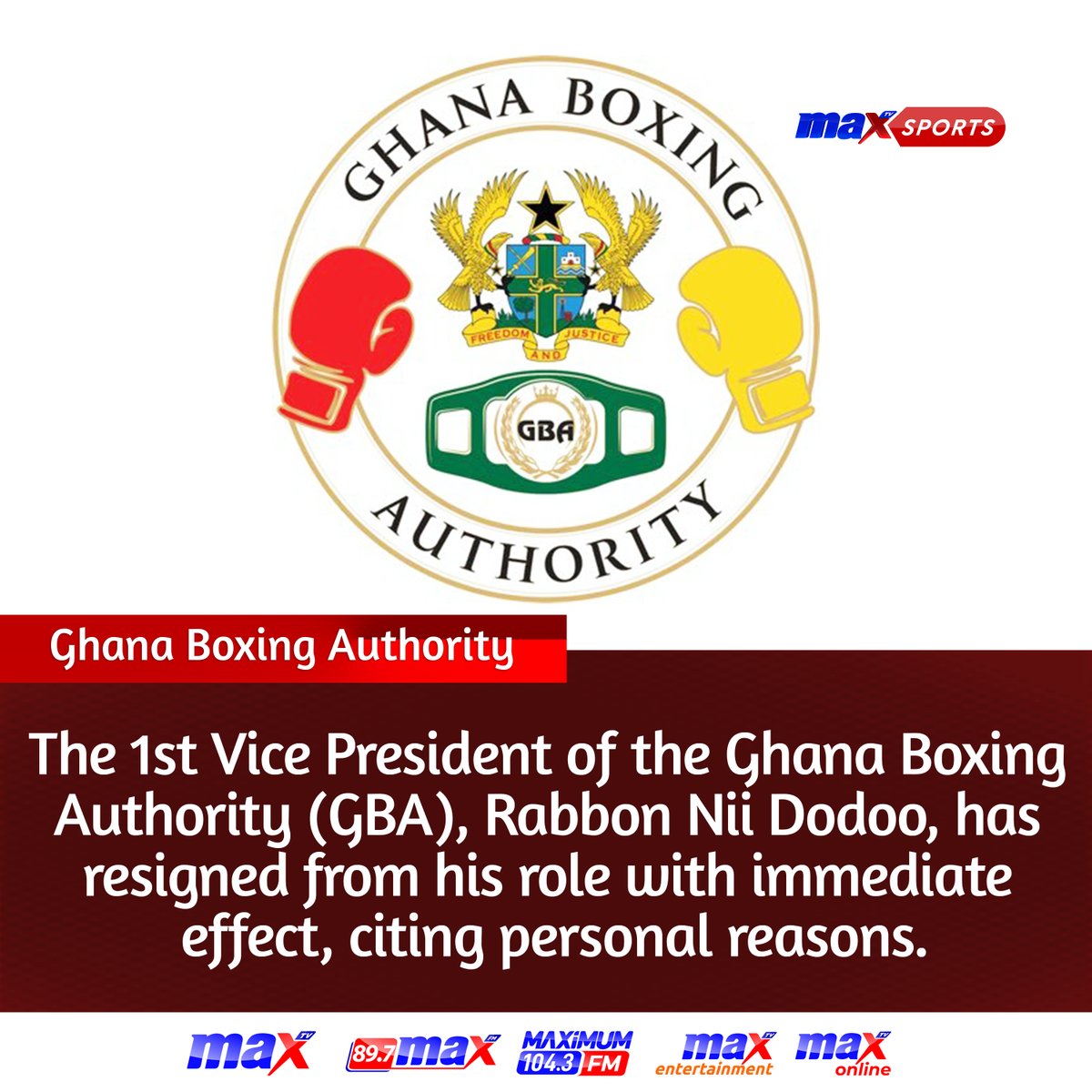 The 1st Vice President of the Ghana Boxing Authority (GBA), Rabbon Nii Dodoo, has resigned from his role with immediate effect, citing personal reasons. #MaxSports #GBA #MaxTV #MaxOnline