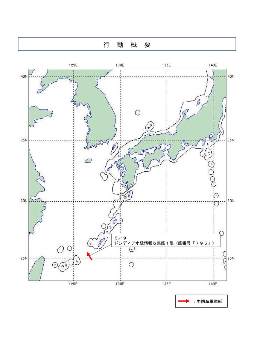 令和6年5月9日(木)午後2時頃、海上自衛隊は、宮古島(沖縄県)の東約140kmの海域において、同海域を北西進する中国海軍ドンディアオ級情報収集艦1隻 (艦番号「795」)を確認しました。 その後、当該艦艇が沖縄本島と宮古島との間の海域を北西進し、東シナ海へ向けて 航行したことを確認しました。…