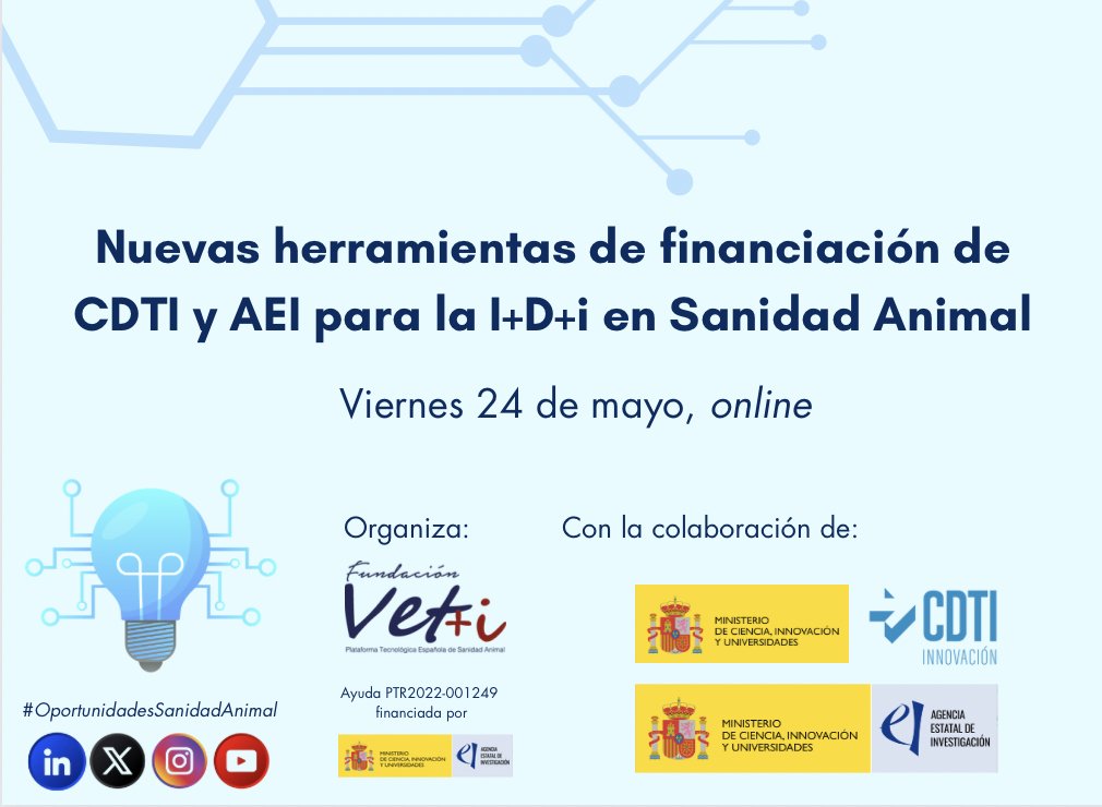 Nuevas oportunidades para el sector de la I+D+i en Sanidad Animal💡 @CDTI_innovacion hablará del nuevo partenariado europeo con #OportunidadesSanidadAnimal y la @AgEInves de ayudas como #Transmisiones con topics específicos para #SanidadAnimal vetmasi.es/plataforma-tec…