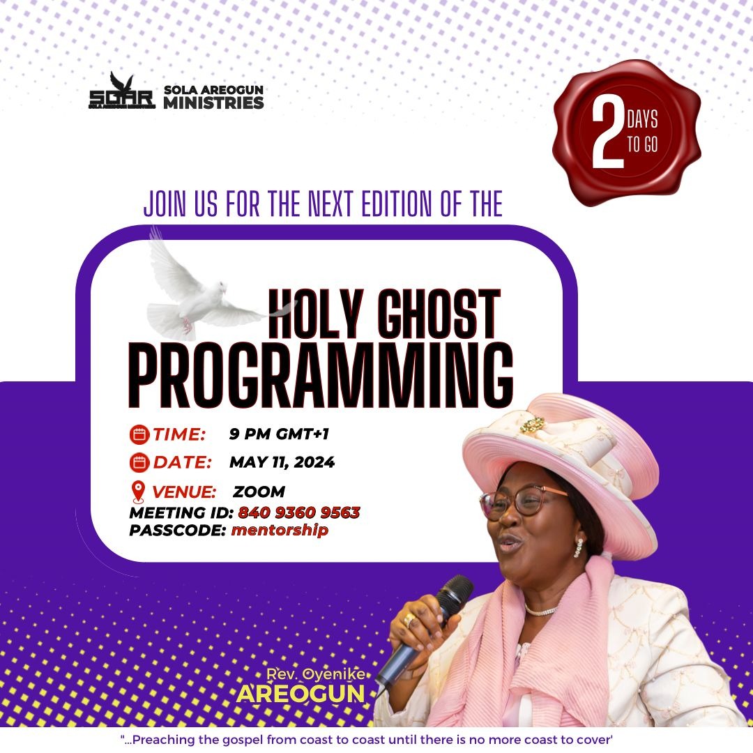 It is the May 2024 edition of the Holy Ghost Programming meeting for women. Just 2 days to go!
The meeting will be happening via Zoom- details in the flyer.
#RevOyenikeAreogun #ChristianWomen #ChristianSisters
