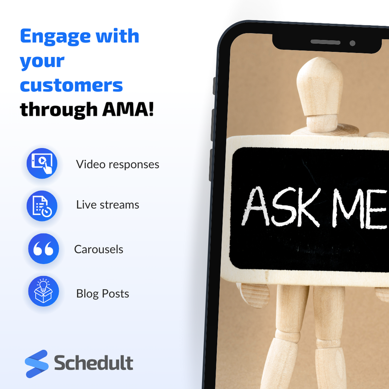 🎇 Spark conversation with your customers by conducting an 'ask me anything' campaign!

This type of content is highly engaging and builds trust between you and your customers.

#Schedult #SocialMediaMarketing #ContentMarketing #SmallBizTips #MarketingStrategy #AskMeAnything