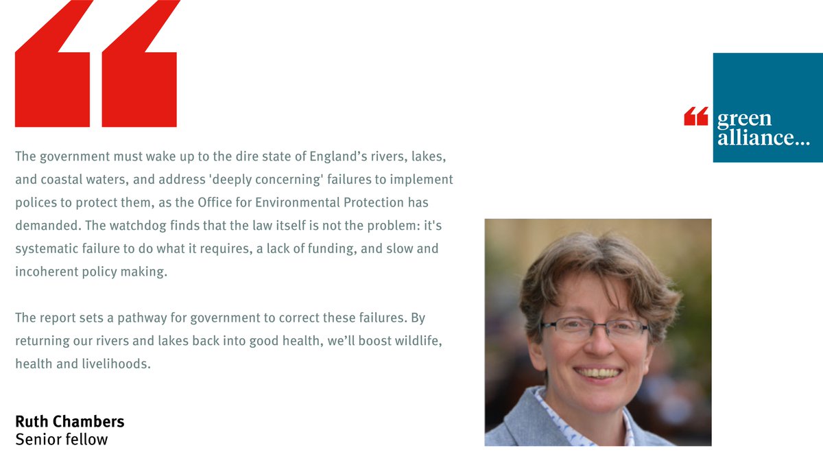 'The government must wake up to the dire state of England’s rivers, lakes, and coastal waters'. @ruthmchambers, senior fellow, on the @OfficeforEP finding “deeply concerning” failures to implement water quality policies. More 👇 theoep.org.uk/report/oep-fin…