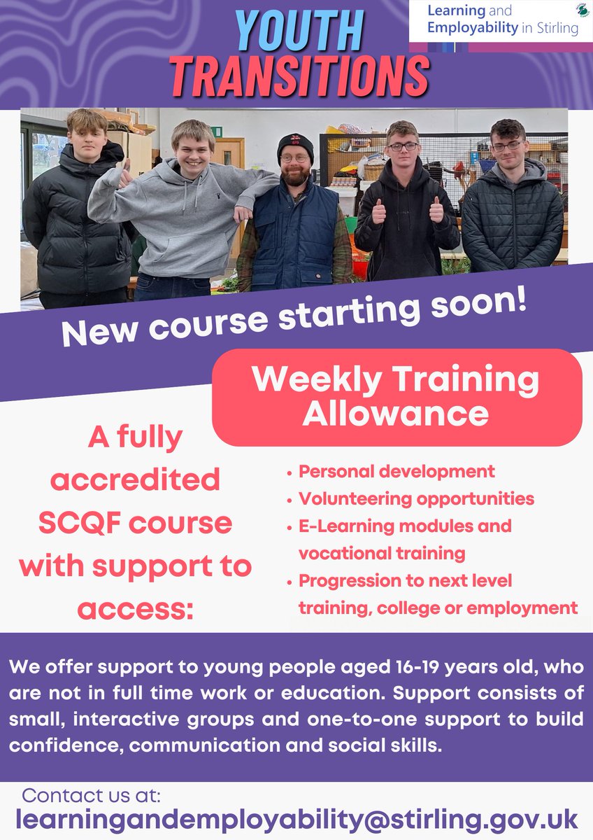 DON’T MISS OUT!

Registration is now open for our next Youth Transitions course, contact us now for more information!
#adultlearning #stirling
@BannockburnHigh @Wallacehighsch @STModansHS @Stirling_High @DunblaneHS @balfronhigh @McLarenHigh