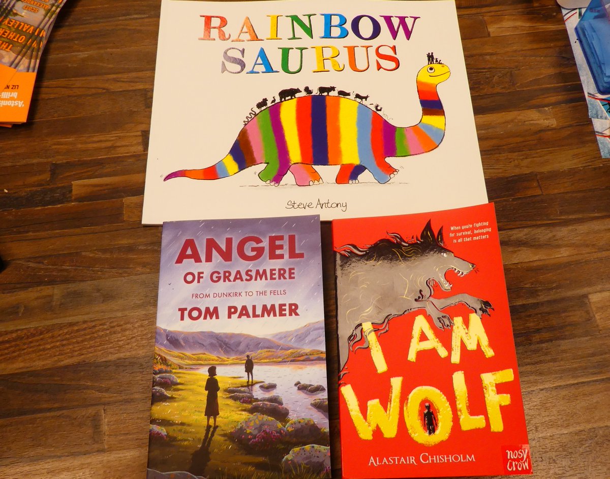 New out today! One of my favourites of the year so far is I Am Wolf from @alastair_ch, a SF adventure with giant animal constructs. Will also read Angel of Grasmere, @tompalmerauthor is always good. And for younger readers Rainbowsaurus from @MrSteveAntony #ChooseBookshops
