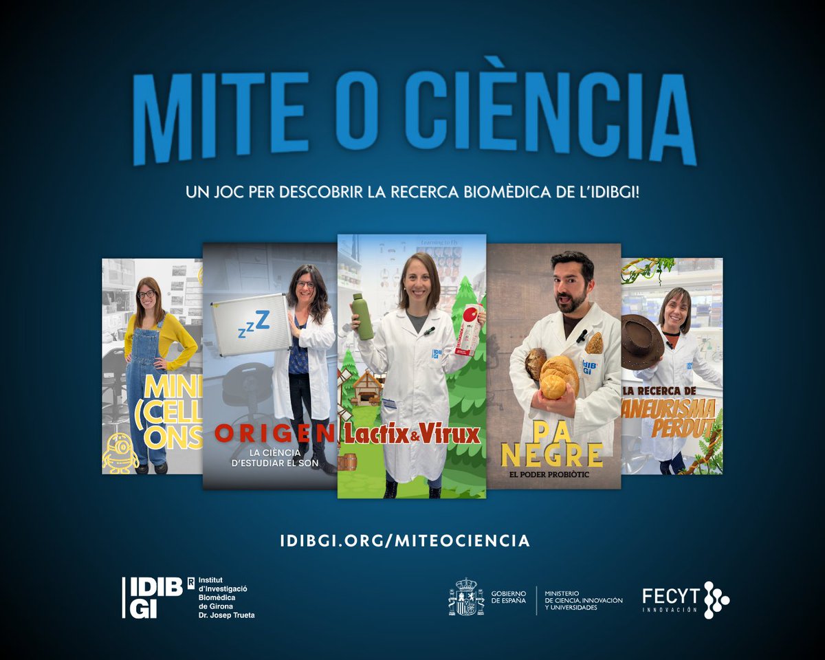 🧐🧪🎞️ Us presentem el joc online: #MiteoCiència !

👩‍🔬🧑‍🔬Descobreix la recerca biomèdica de l'IDIBGI endinsant-te en pel·lícules plenes de ciència i curiositats.

▶️Juga-hi ara! 👉idibgi.org/miteociencia/

Amb la col·laboració de @FECYT_Ciencia i el suport d' @eduscopi #SomCERCA