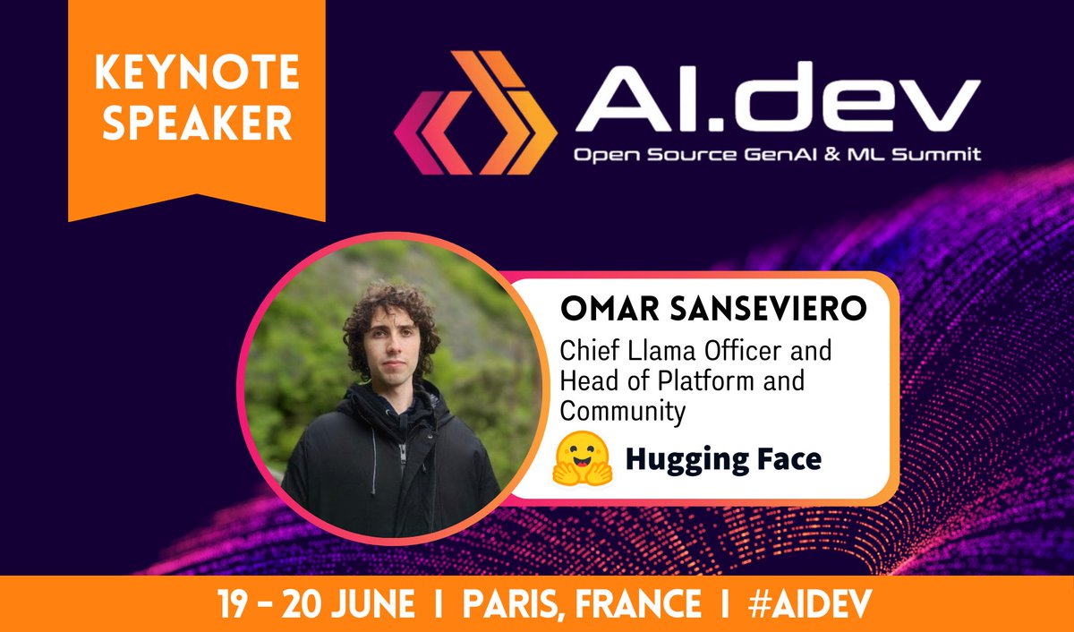 Don't miss @osanseviero of @huggingface rocking the stage at #AIDev Europe, 19-20 June in Paris! Dive into a lineup of #OpenSource & #AI trailblazers & explore the future of #GenAI & #ML: hubs.la/Q02wy0D10. Register by 2 June & save US$150: hubs.la/Q02wxVsy0.