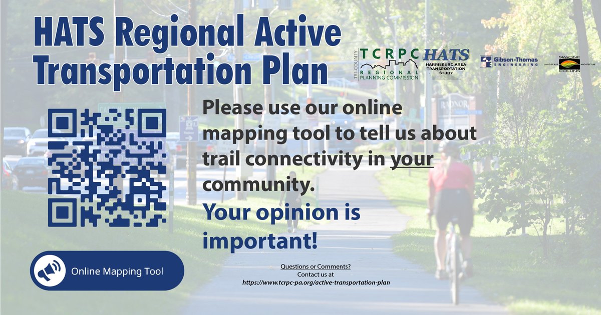 We need YOUR input for the Regional Active Transportation Plan! Please use our ONLINE MAPPING TOOL to help us identify local needs for walking & biking routes & trails. And please share! bit.ly/3Jy8f2N #CentralPA #CumberlandCounty #DauphinCounty #PerryCounty