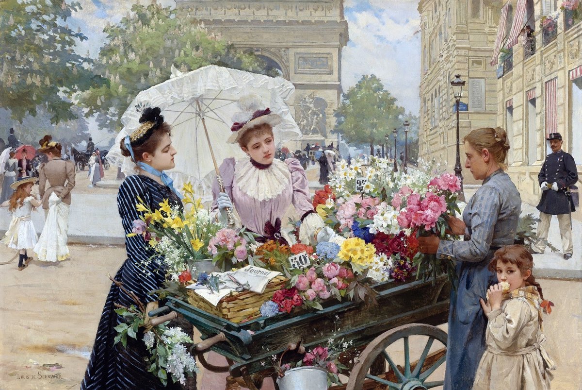 The flower seller on the Champs-Élysées by Louis Marie De Schryver in 1942 #Paris #Parisjetaime #visitparisregion #ExploreFrance #France #cityscape #arcdetriomphe #julesernestrenoux #champselysees