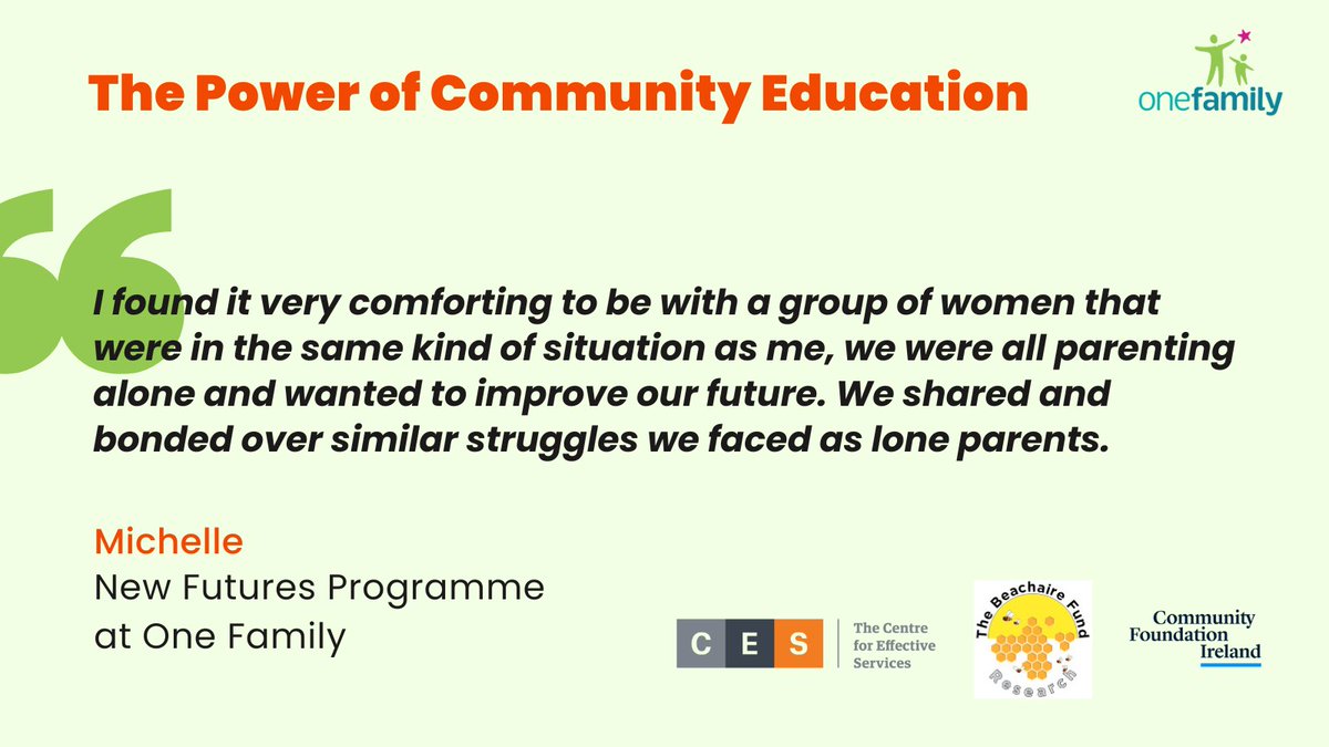 The Beachaire Fund Report on “Community Education as a support for Lone Parents” highlighted the power of community education to respond to employment needs and skills gaps by scaling up employability programmes targeted at lone parents. Learn more here: onefamily.ie/media-policy/r…