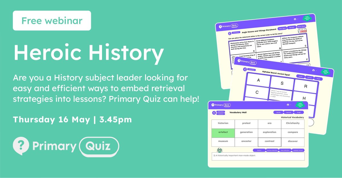 Calling all #PrimarySchool History Teachers! 📣 

Join us for this webinar on 16 May which will look at easy and efficient ways to embed retrieval strategies into lessons

Find out more & book here: buff.ly/49BFL2z 

#PrimarySchools #HistoryTeacher