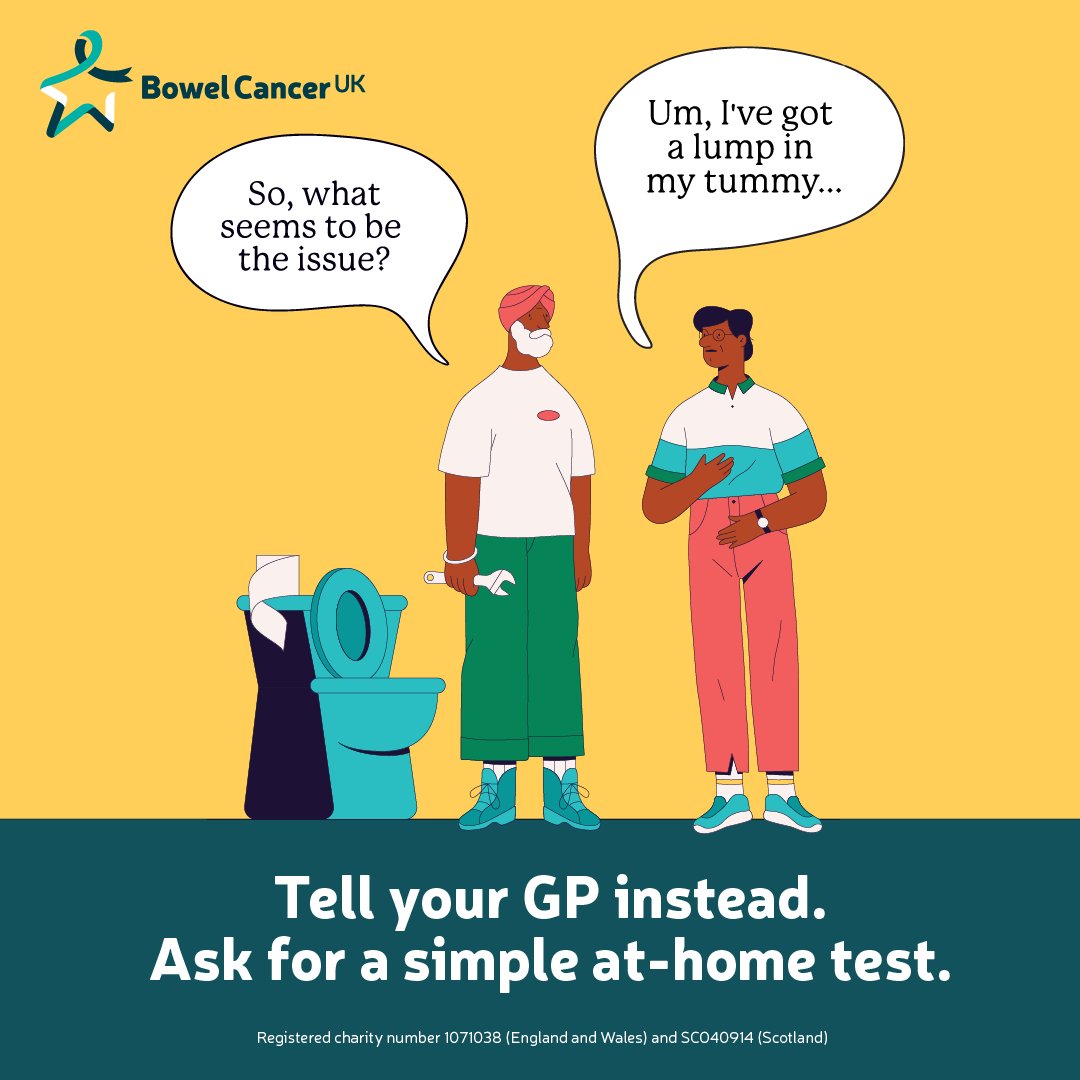 Have you seen @bowelcanceruk's #TellYourGPInstead campaign? If you have a pain or lump in your tummy, then talk to your GP and ask about an at-home test. Find out more: bit.ly/4bKhdpF