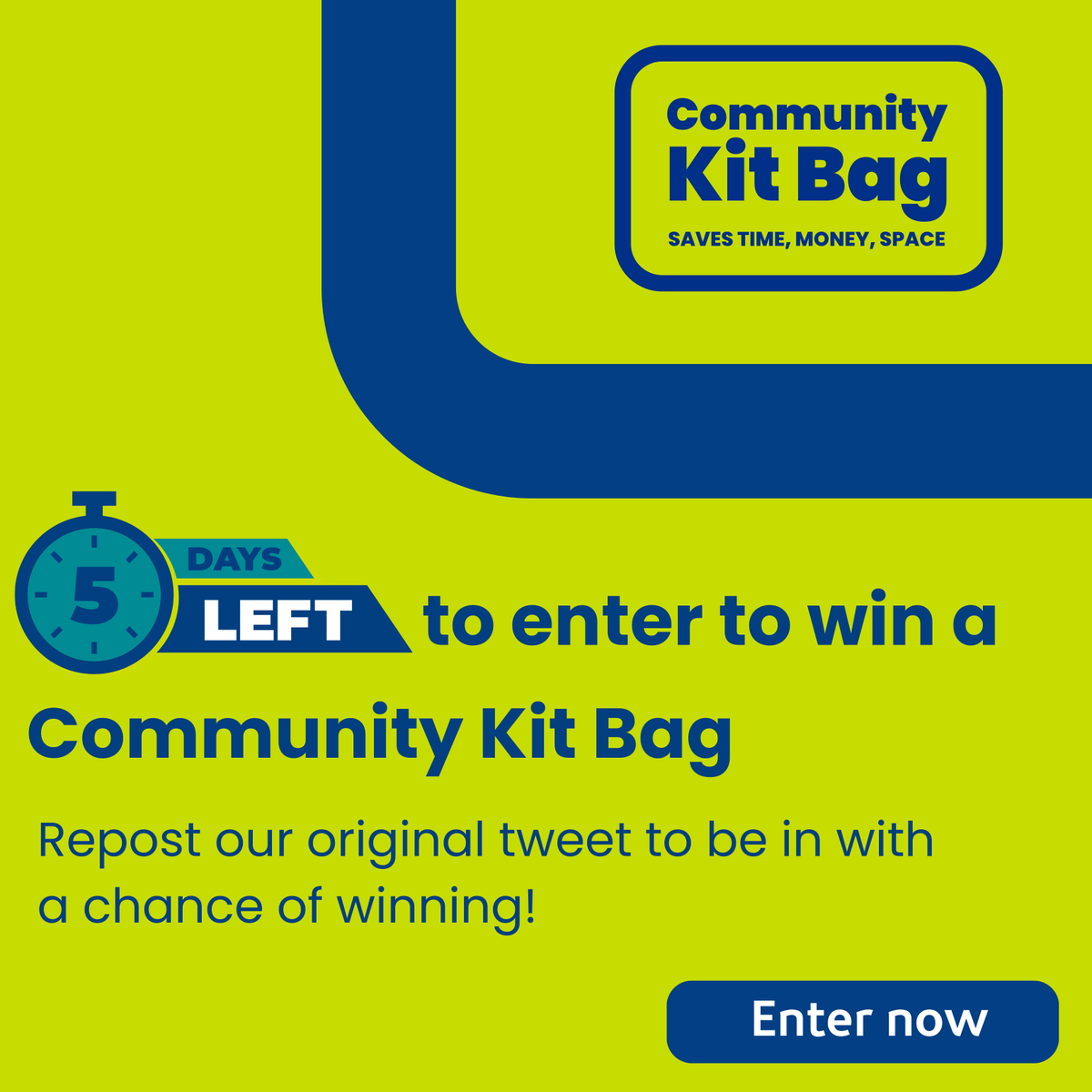 CommunityKitBag's tweet photo. There are only five days left to enter our competition! ⏲️ Repost and like our original tweet to be in with a chance of winning a full Community Kit Bag system. https://t.co/6LuHvBPctU