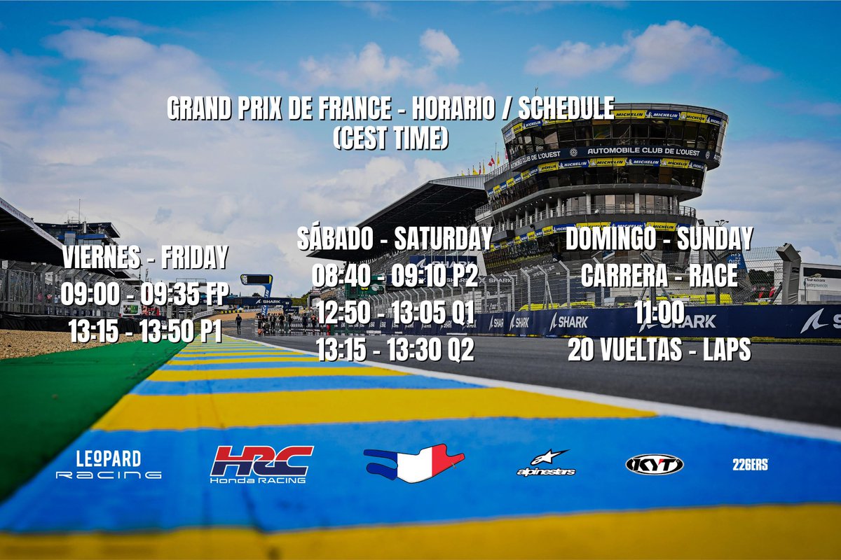 #𝐅𝐑𝐄𝐍𝐂𝐇𝐆𝐏 🇫🇷
Bonjour! Aquí tenéis los horarios para el fin de semana
Bonjour! Here are the schedules for the weekend
#Moto3 #Adrian31 
#MotoGP #BeLe0pard