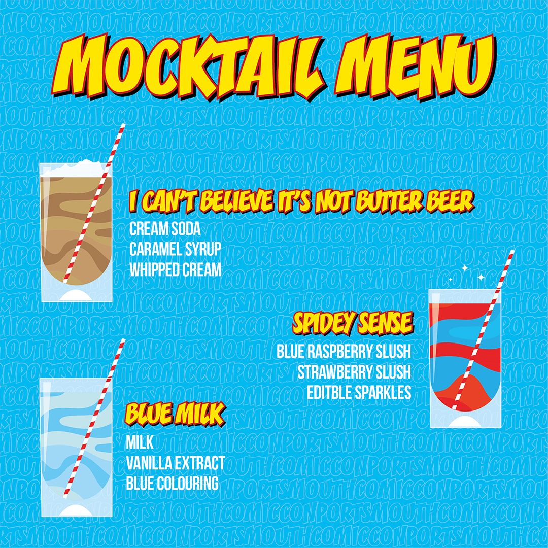 ✨WHAT'S ON AT THIS YEAR'S CON - COCKTAILS & MOCKTAILS✨ Back for 2024 by popular demand, our Comic-themed cocktails and mocktails! Sip on a drink from your favourite franchise while you take in the sights and sounds of the con!
