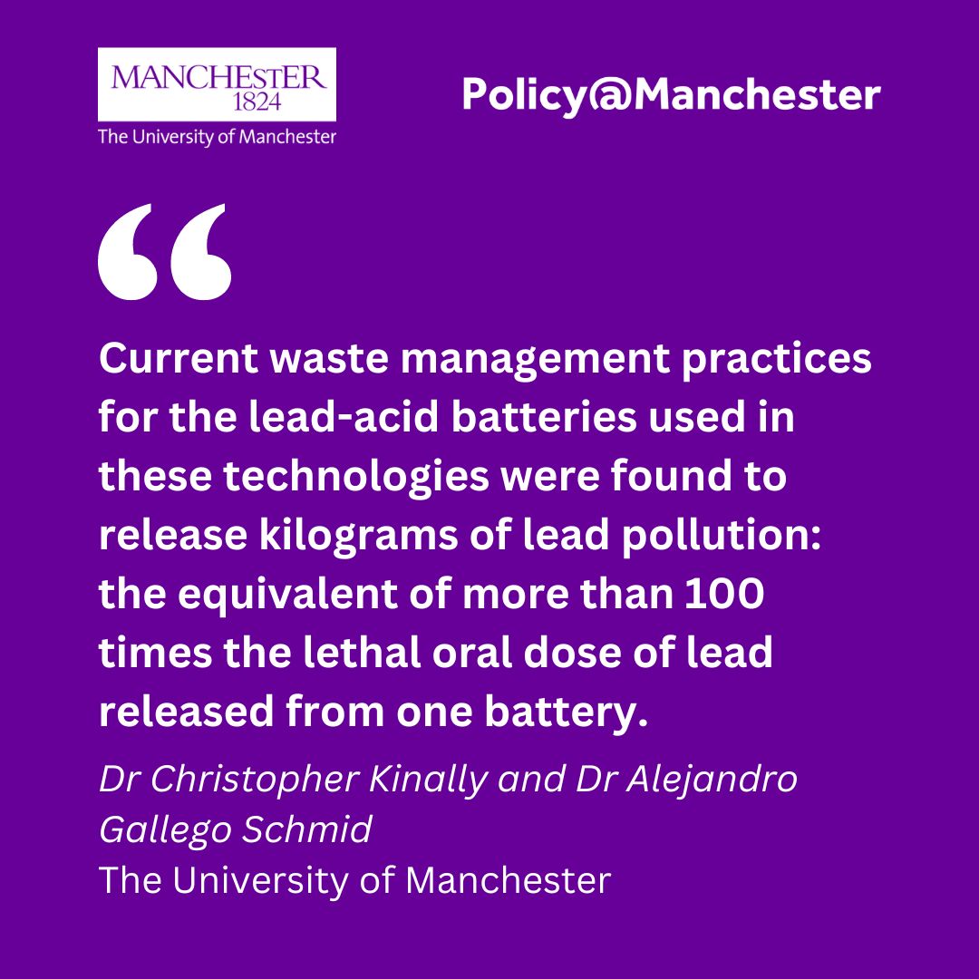 🔋 Lead-acid batteries used to power off-grid solar energy devices sold across sub-Saharan Africa often fail. ♻️ Recycling of these batteries causes environmental & health concerns. Read @chris_kinally & @schmid_gallego's article to learn more 👇 blog.policy.manchester.ac.uk/posts/2024/04/…